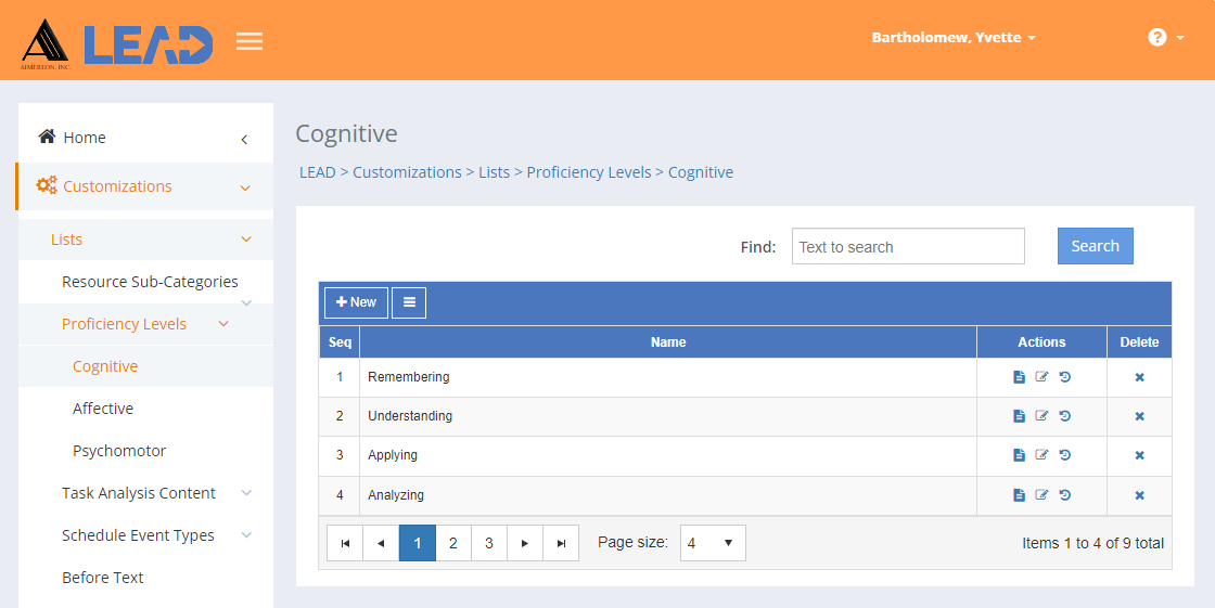 Customizations > Lists > Proficiency Levels - Cognitive Example