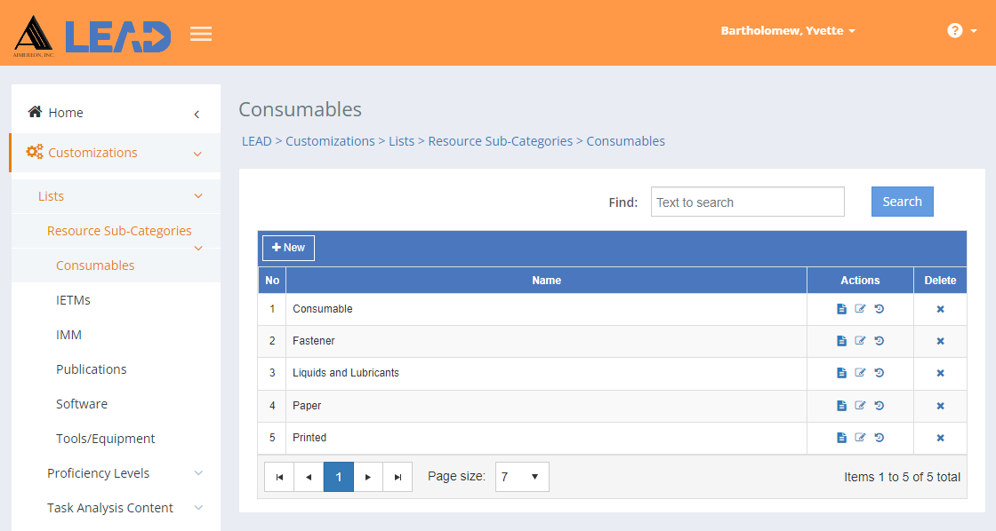 Customizations > Lists > Resource Sub-Categories - Consumables Example