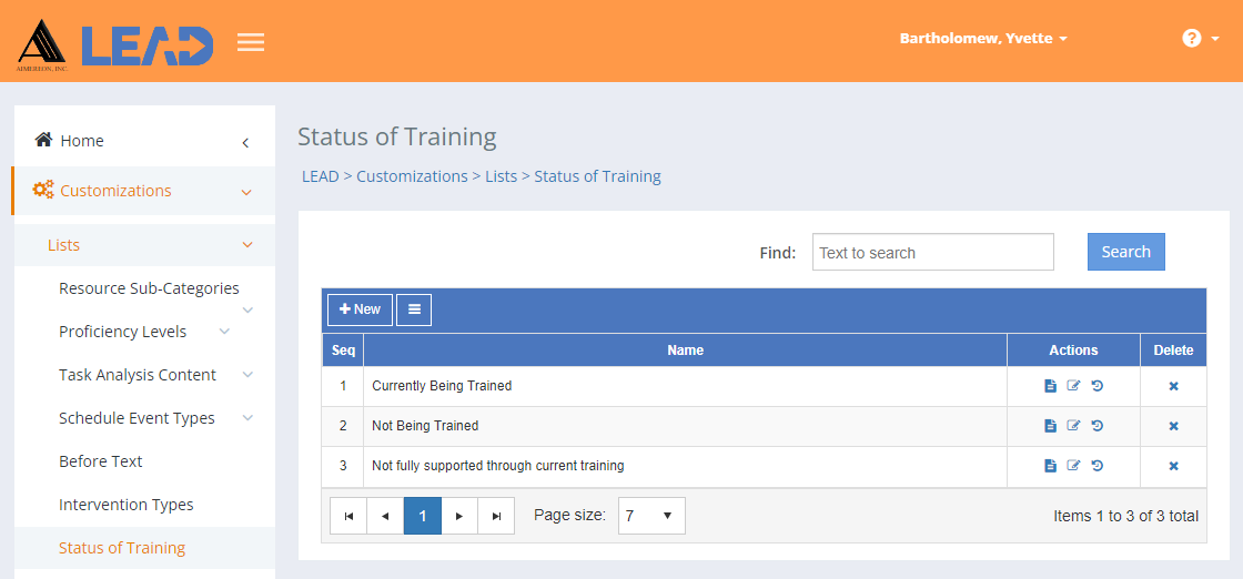 Customizations > Lists > Status of Training