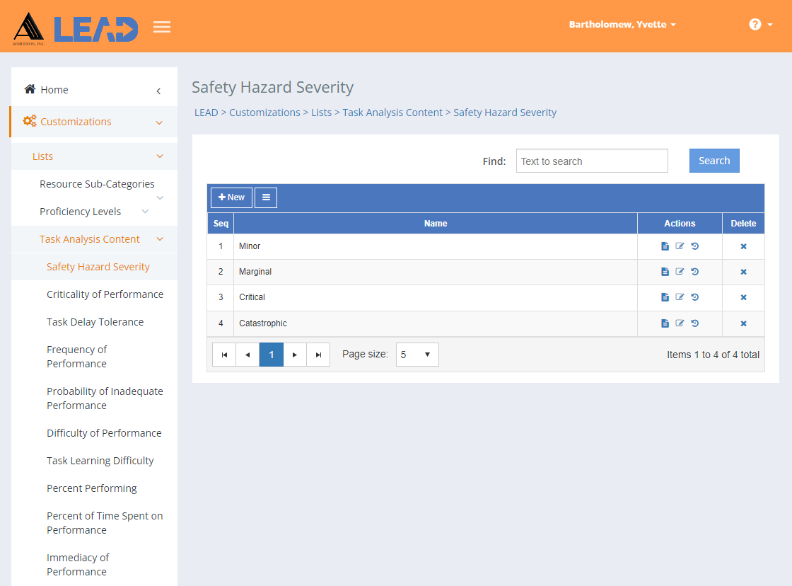 Customizations > Lists > Task Analysis Content - Safety Hazard Severity Example