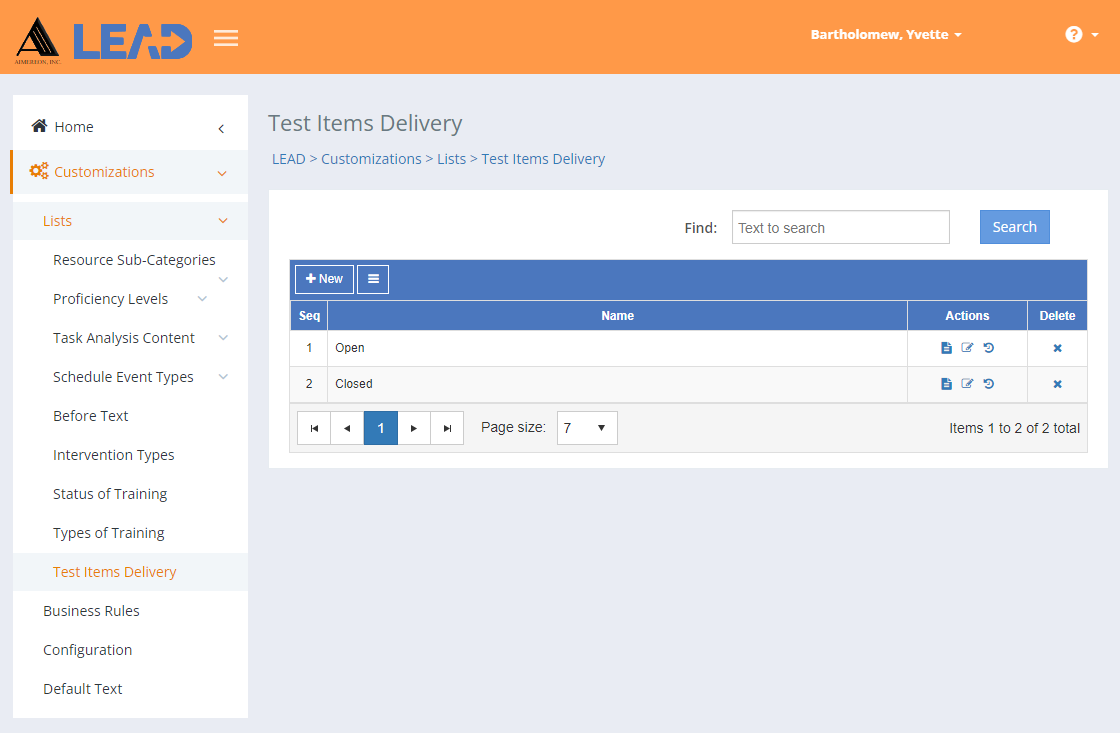 Customizations > Lists > Test Items Delivery