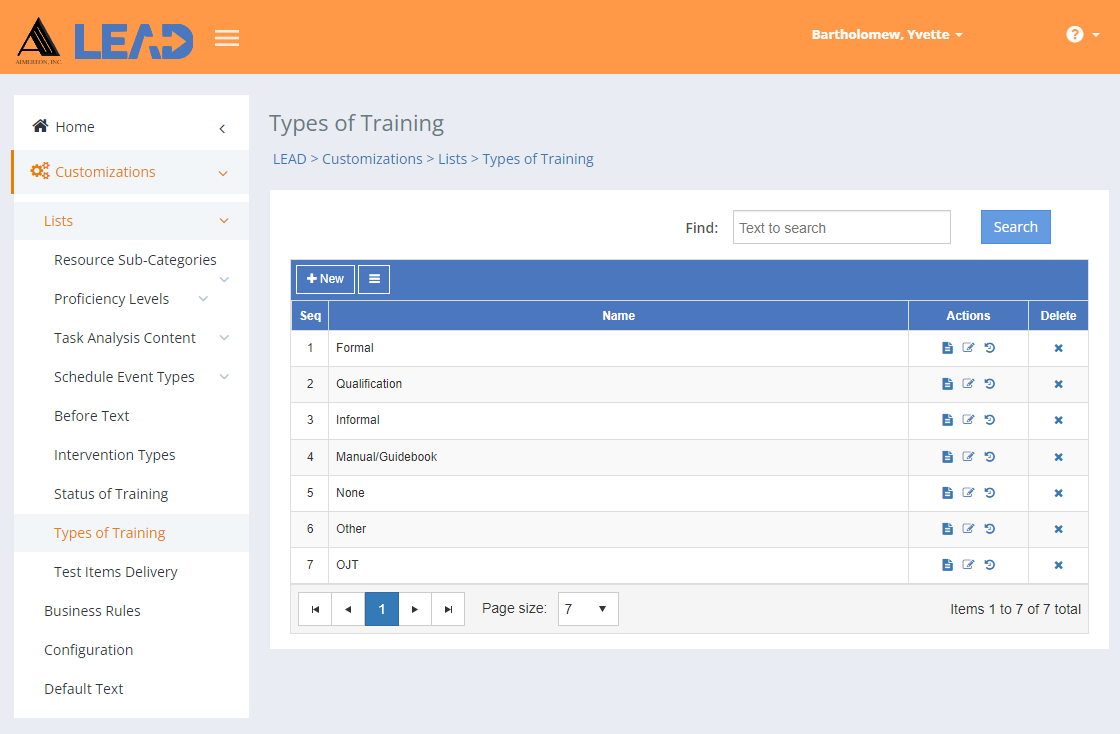 Customizations > Lists > Types of Training