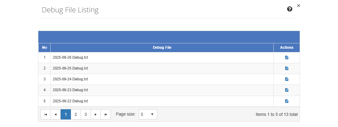 Debug File Listing Screen