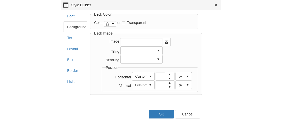 Text Editor - Table Wizard - Style Builder - Background Tab