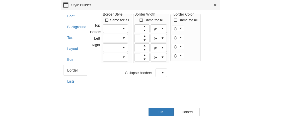 Text Editor - Table Wizard - Style Builder - Border Tab