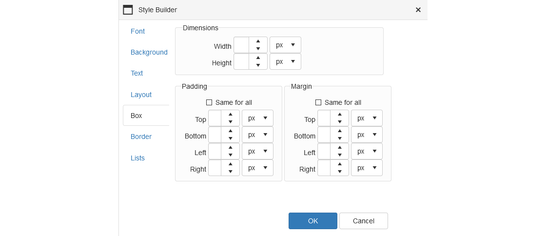 Text Editor - Table Wizard - Style Builder - Box Tab