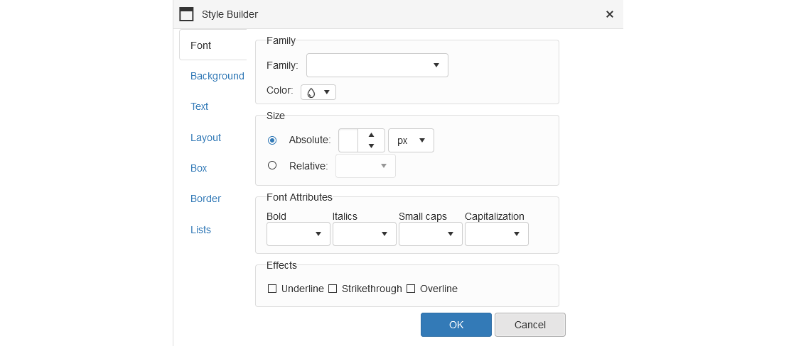 Text Editor - Table Wizard - Style Builder - Font Tab