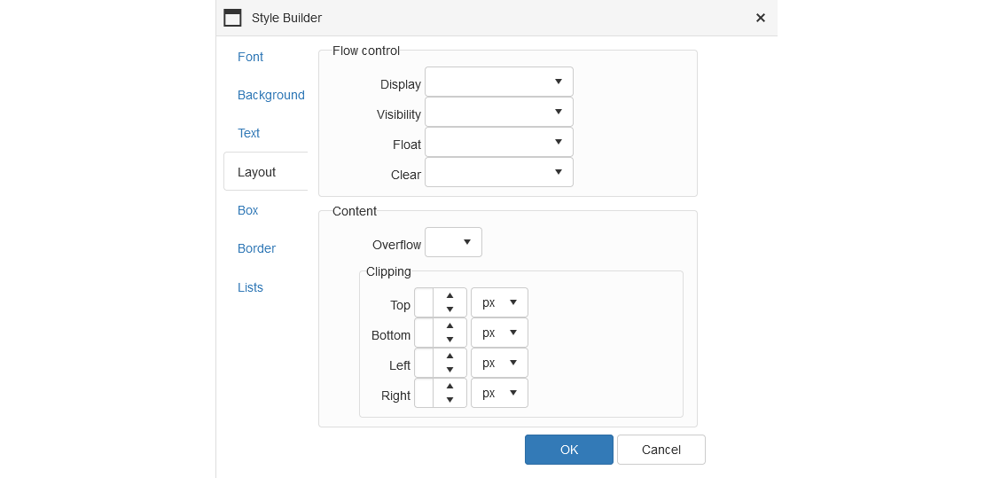 Text Editor - Table Wizard - Style Builder - Layout Tab