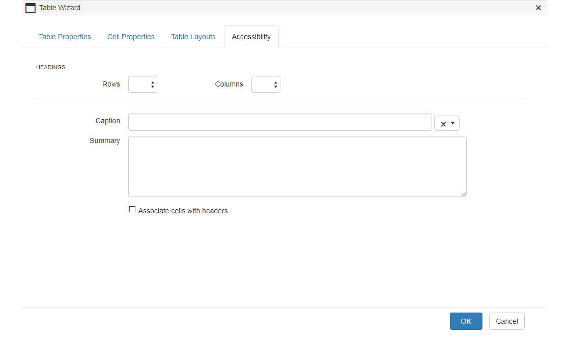 Text Editor - Table Wizard - Accessibility Tab
