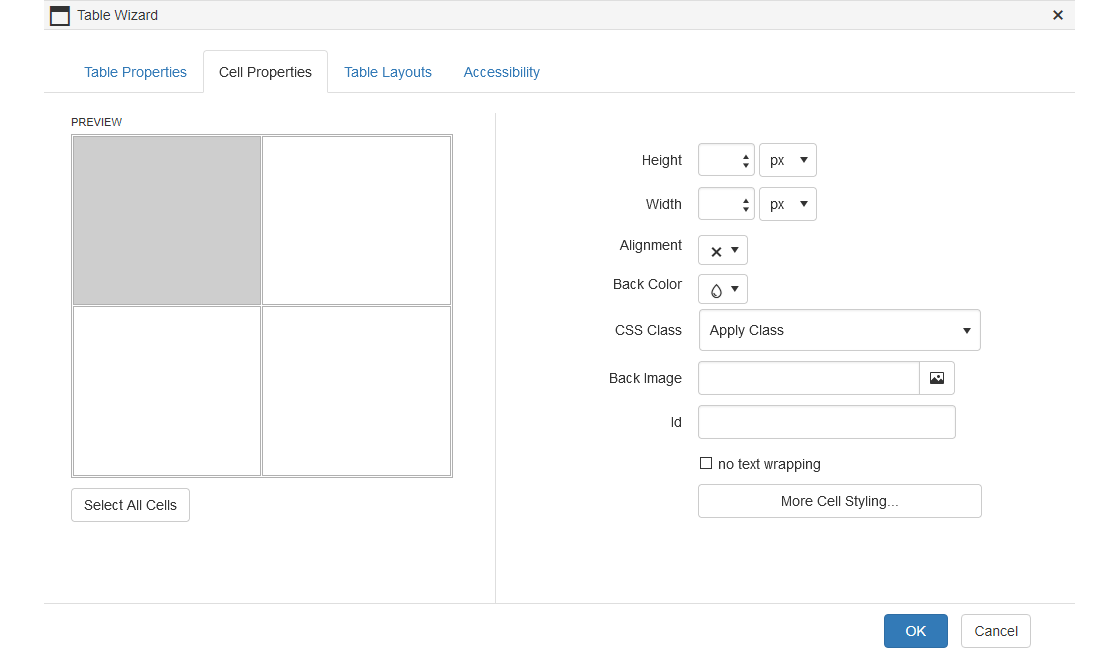 Text Editor - Table Wizard - Cell Properties Tab
