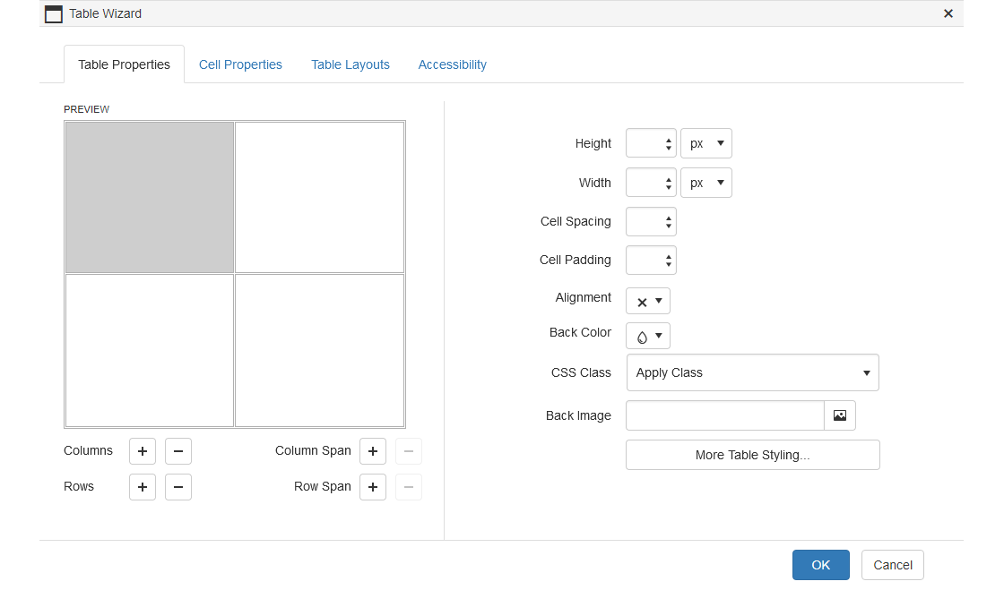 Table Wizard - Table Properties Tab