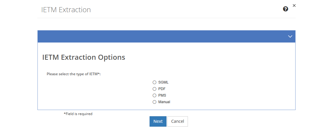 IETM Extraction Options Screen IETM Extraction Options Screen