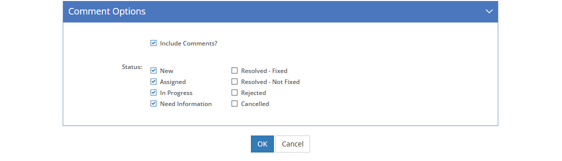 Table of Contents Item, IG, PG, Storyboard, and Package Output Options - Comment Options Tab