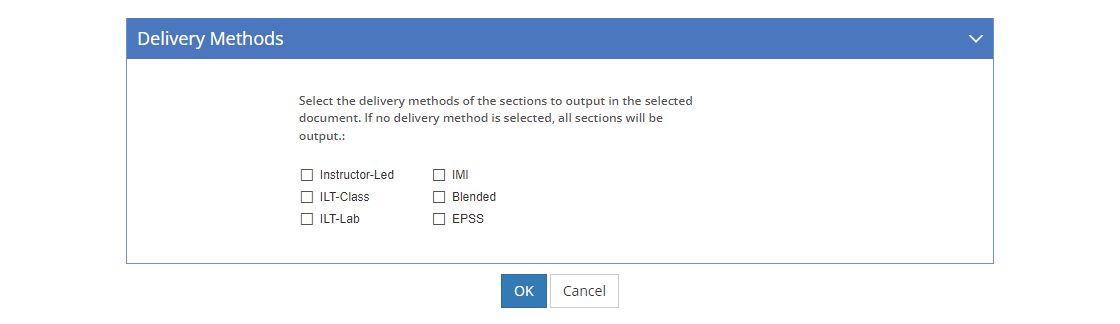 Table of Contents Item, Instructor Guide, Participant Guide, and Package Output Options - Delivery MethodsTab