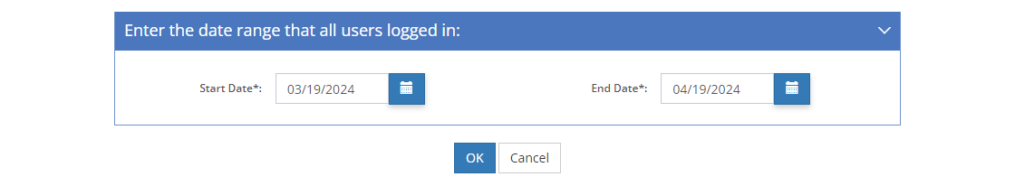 Login History Output Options - Date Range Tab