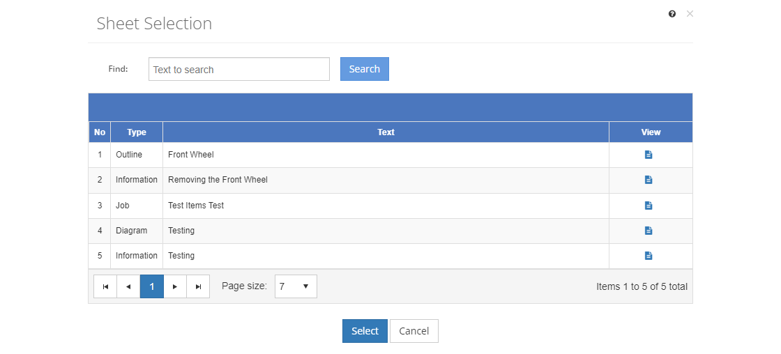 Sheet Selection Screen