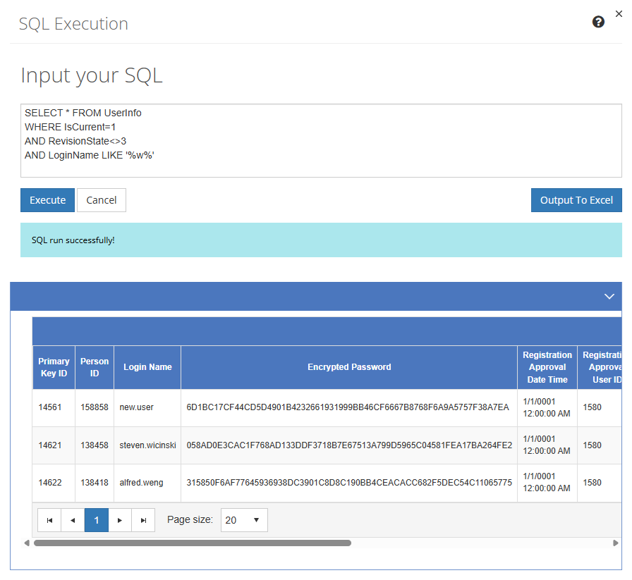 SQL Execution Screen