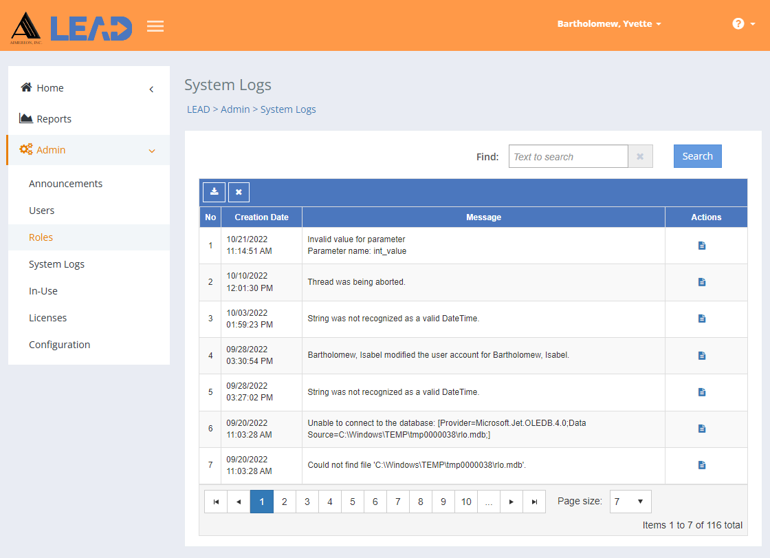 LEAD Administrator - System Logs