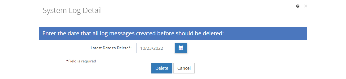 Admin > System Logs Deletion Screen