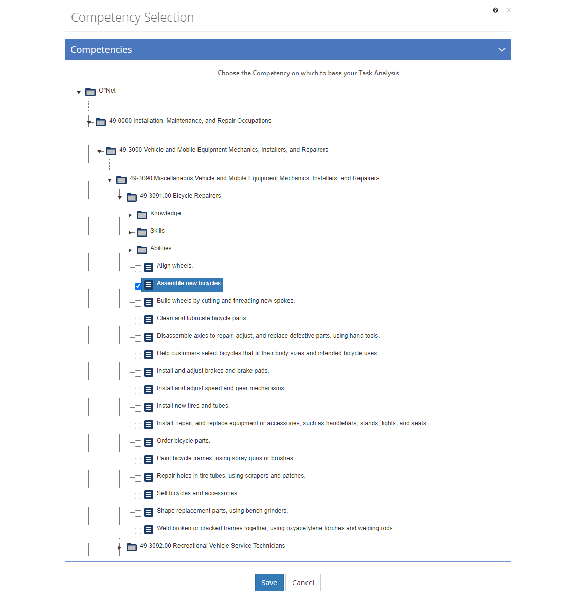 Task Analysis > Competency Selection Screen