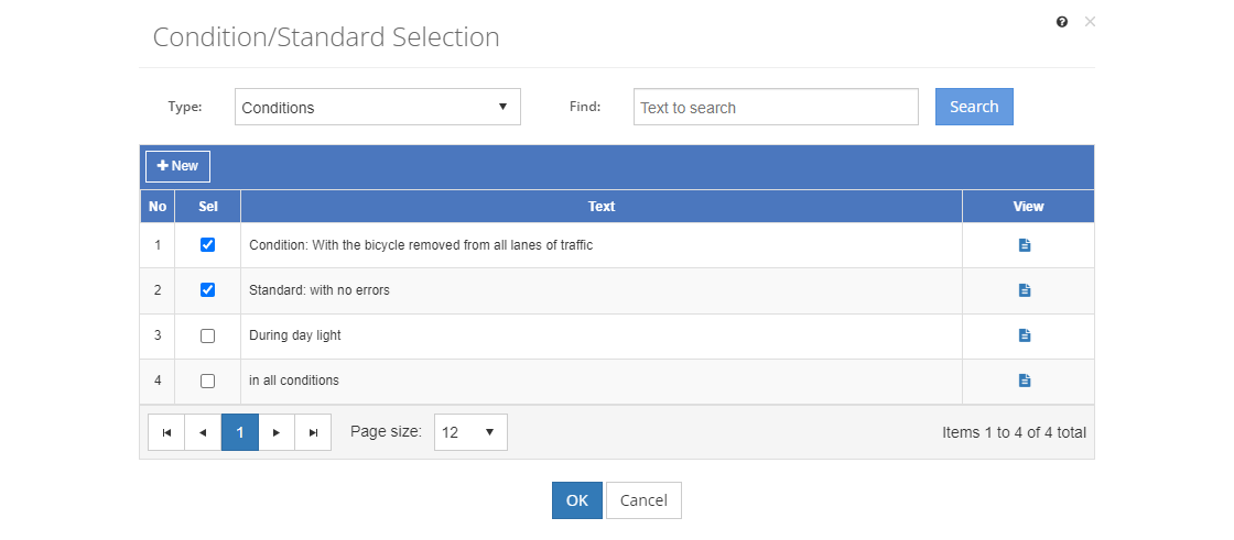 Task Analysis > Condition/Standard Selection Screen