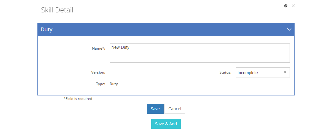 Task Analysis > Skill Detail Screen - New Duty