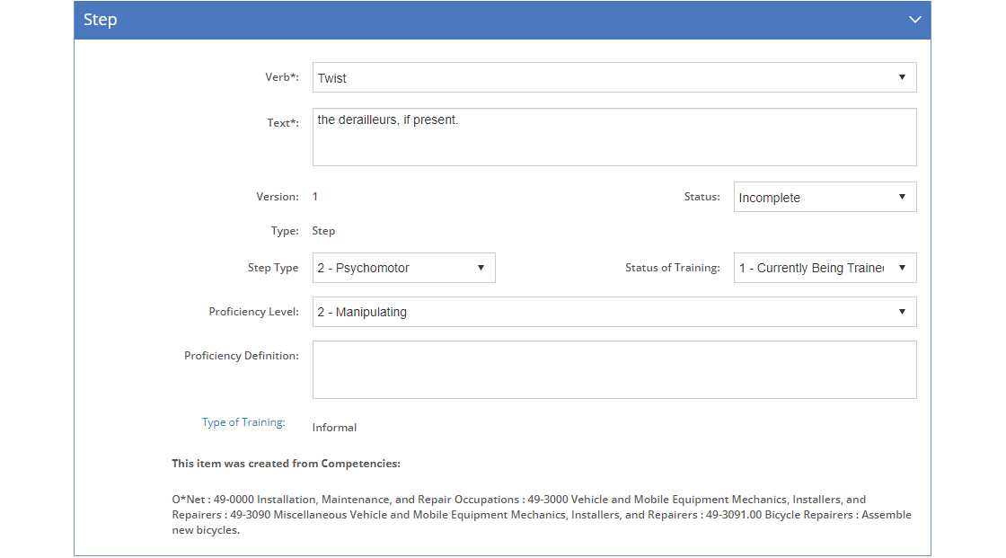 Task Analysis > Skill Detail Screen - Edit Step Tab