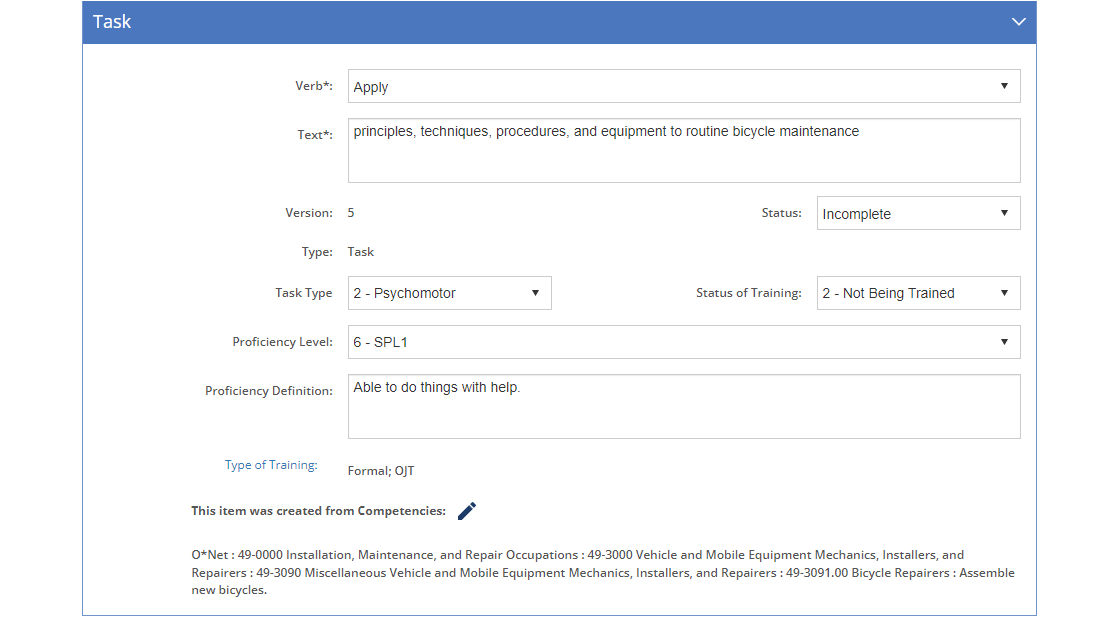 Task Analysis > Skill Detail Screen - Edit Task Tab