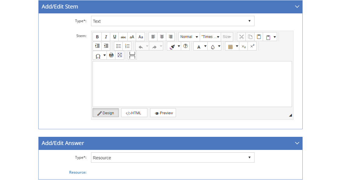 Test Items > Two-Column Matching Question - Add/Edit Stem Tab and Add/Edit Answer Tab