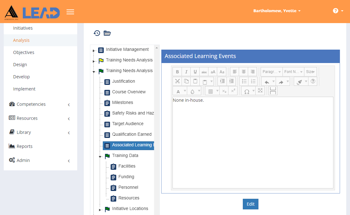 TNA/TMD > Associated Learning Events