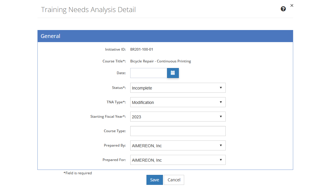 Training Needs Analysis Detail Screen