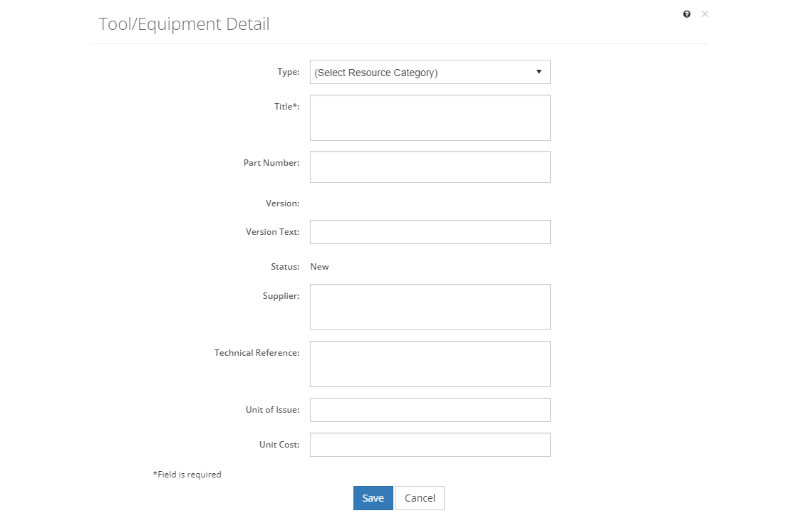 Resources > Tool/Equipment Detail Screen