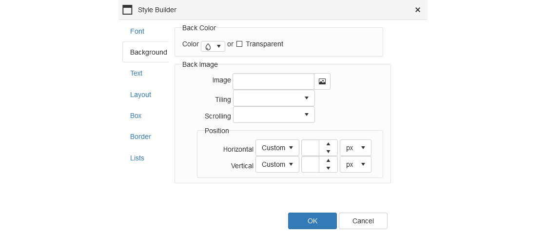 Text Editor - Table Wizard - Style Builder - Background Tab Text Editor - Table Wizard - Style Builder - Background Tab