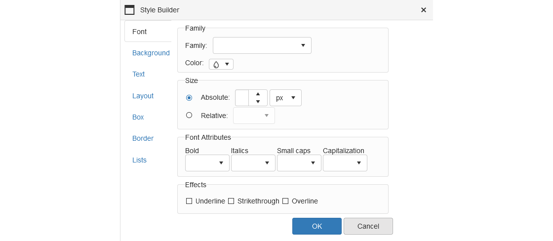 Text Editor - Table Wizard - Style Builder - Font Tab Text Editor - Table Wizard - Style Builder - Font Tab