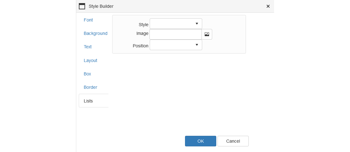Text Editor - Table Wizard - Style Builder - Lists Tab Text Editor - Table Wizard - Style Builder - Lists Tab