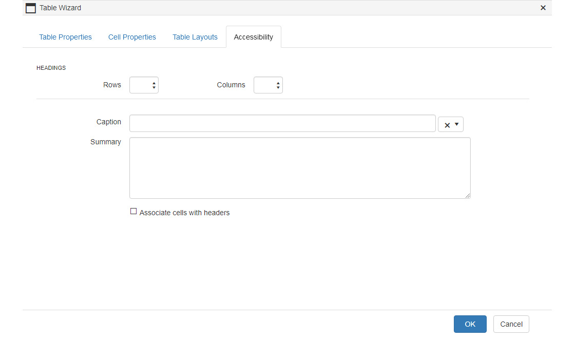 Text Editor - Table Wizard - Accessibility Tab Text Editor - Table Wizard - Accessibility Tab