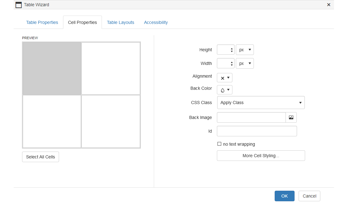 Text Editor - Table Wizard - Cell Properties Tab Text Editor - Table Wizard - Cell Properties Tab