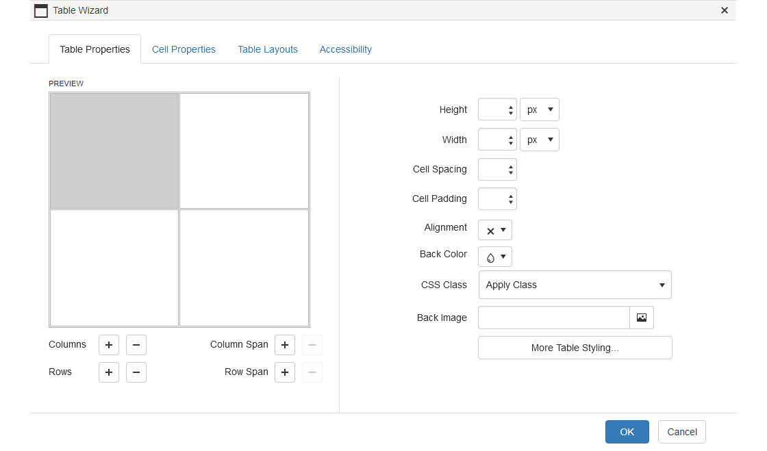 Table Wizard - Table Properties Tab Table Wizard - Table Properties Tab