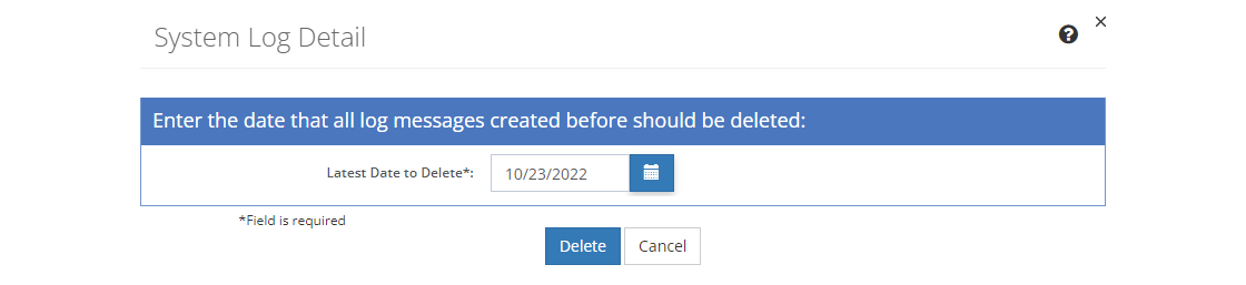 System Logs Deletion Screen System Logs Deletion Screen
