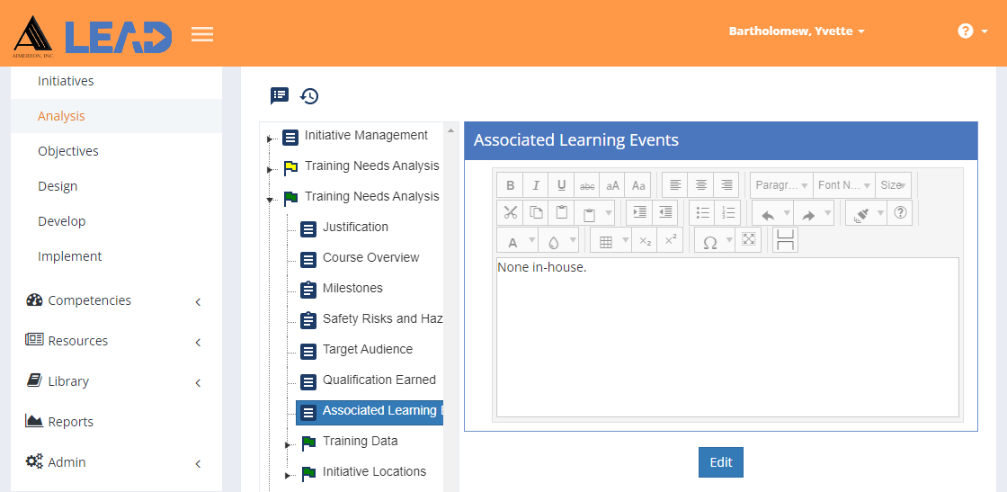 TNA/TMD > Associated Learning Events TNA/TMD > Associated Learning Events