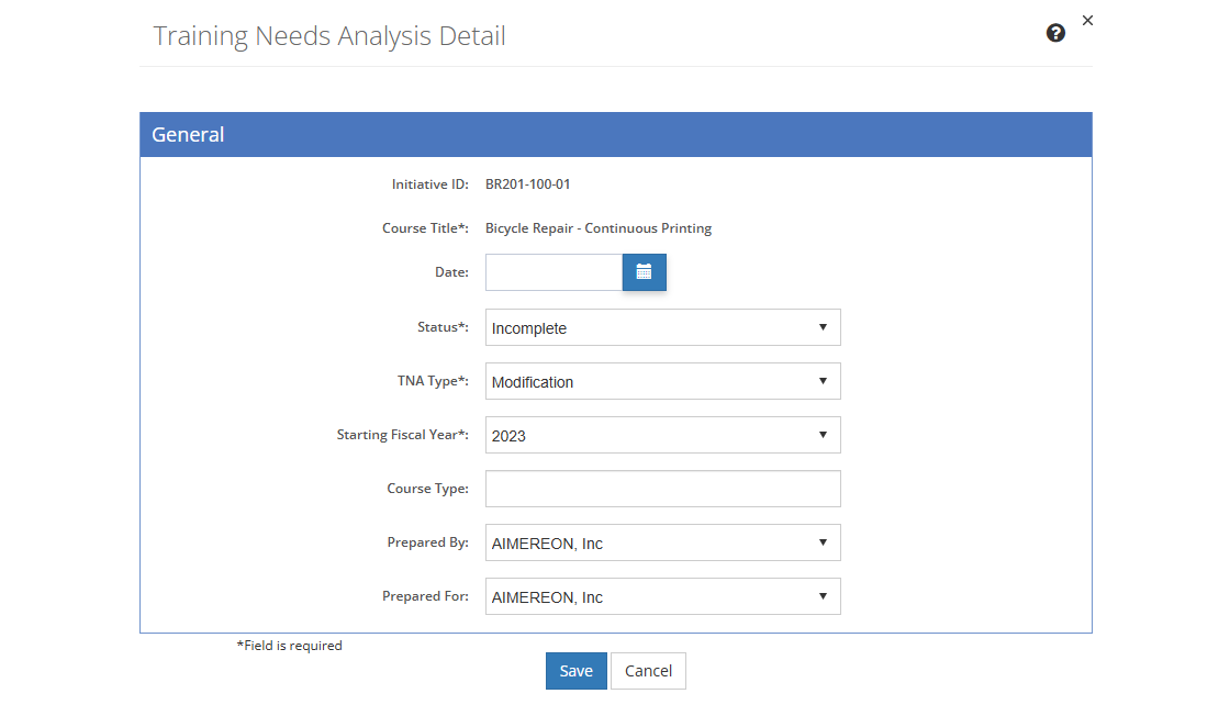 Training Needs Analysis Detail Screen Training Needs Analysis Detail Screen