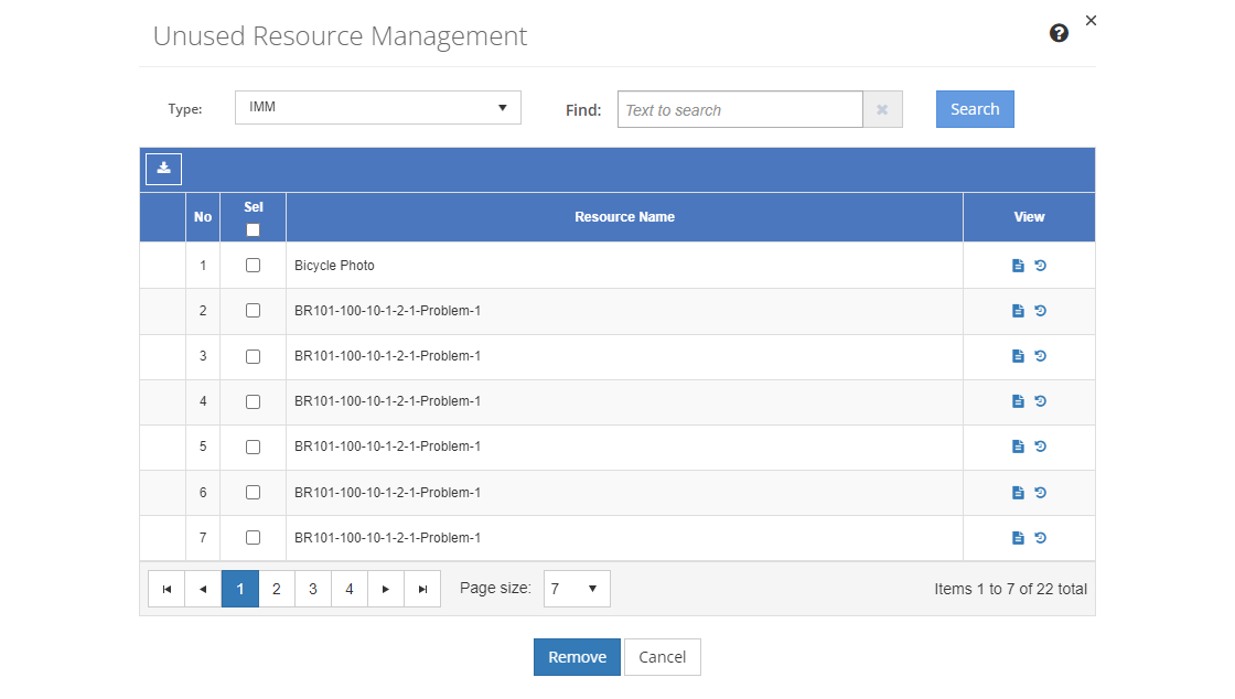 Unused Resource Management Screen Unused Resource Management Screen
